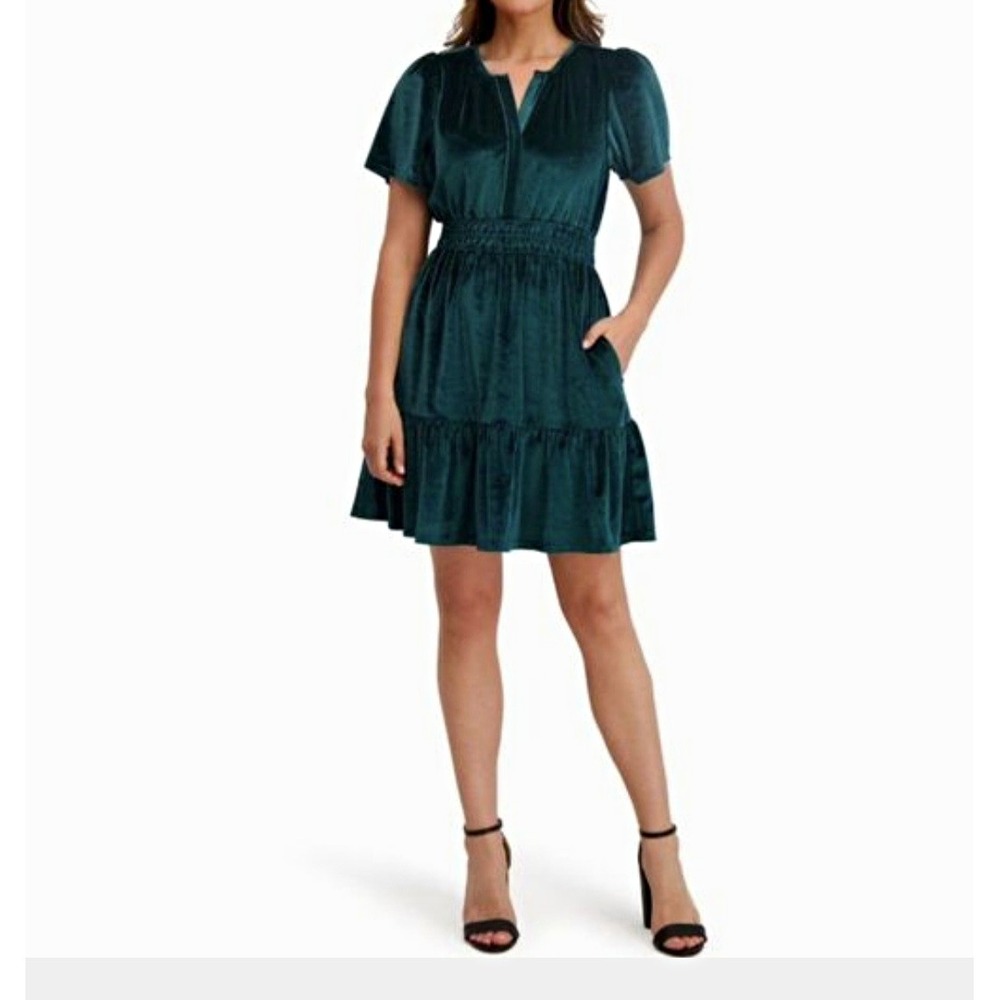 French Connection Green Velvet Smocked V-Neck Mini Dress Pockets Size XL